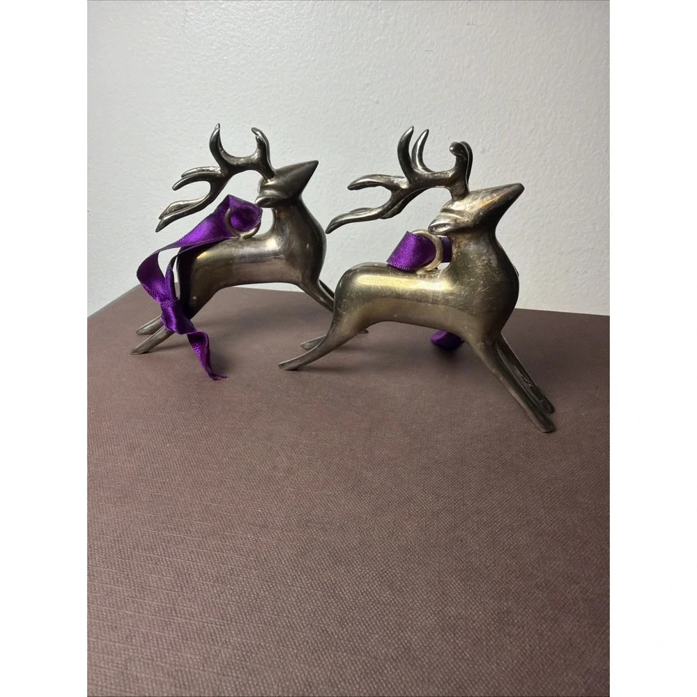 Vintage Pottery Barn Solid Silver Plate Reindeer Ornaments Pair Holiday Patina